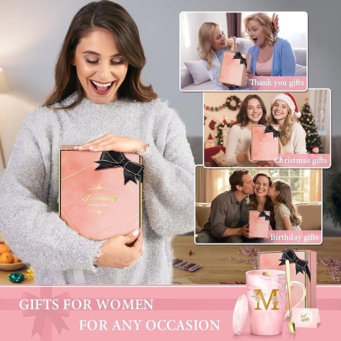 Coffee Mugs - Birthday Gifts for Women, Personalized Initial Customized Mug 14 Oz PinkTea Cup with Lid Spoon Greeting Card, Luxury Gift-Boxed Christmas Gift for Her Wife Mom Grandma Friend Unique,M