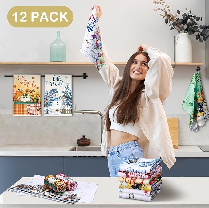 12 Pcs Seasonal Kitchen Towels Set for All Holidays Hand Dish Tea Towels Fall Halloween Christmas Cute Drying Dishcloths Decorative Absorbent Wash Cloths(Fresh Style)