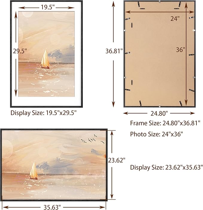 24x36 Black Picture Frame, Black Poster Frame 24 x 36, Solid Oak Wood Frames 24 x 36 Frame, 24"x36" Picture Frame with Tempered Glass, 24x36 Frame Matted to 20x30, 24 by 36 Art Frame for Home Decor