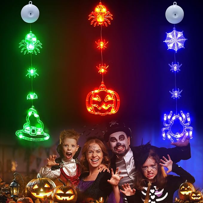 suddus 3 Pack Halloween Lights Battery Operated with Timer, Orange Pumpkin Violet Spider Green Witch Hat Halloween Decor Window Lights with Suction Cup for Home Indoor Party Decorations