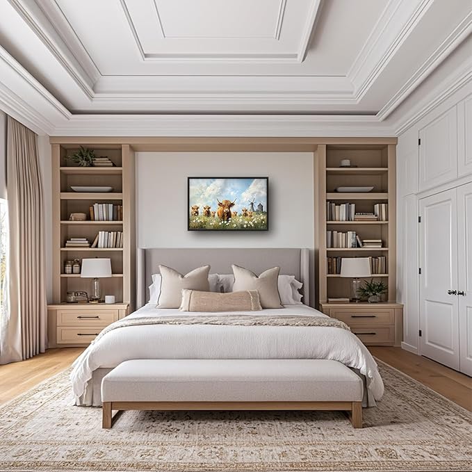 Flintis Large Highland Cow Barn Framed Wall Art Farmhouse Highland Cattle Daisy Pictures Wall Decor Abstract Canvas Painting Print Artworks Framed for Living Room Bathroom Master Bedroom 36L X 24W