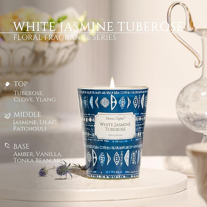 HomeLights Scented Candles for Women & Men, 6.7oz Candle Jars Aromatherapy Single Wick Candle, Ideal for Bohemian Natural Textures Home Decor and Gifts, White Jasmine Tuberose