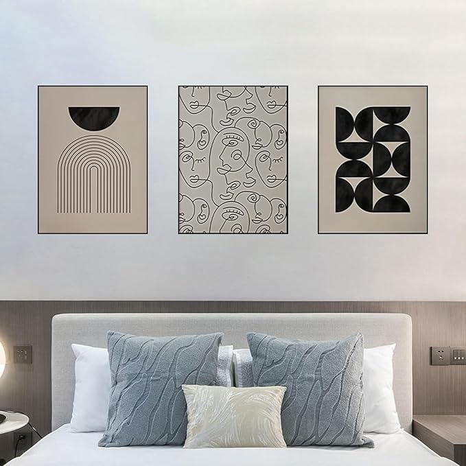 ARTFEB Abstract Framed Boho Black and White Wall Art for Living Room, 3 Piece Black Beige Large Canvas Paintings Prints Artwork, Modern Geometric Pictures for Bedroom Home Office Wall Decor -24"x32"x3