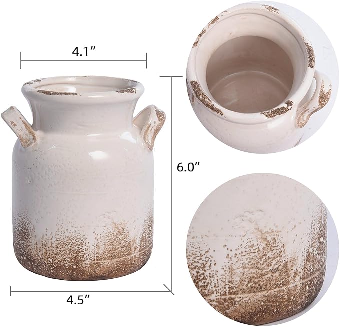 Quoowiit Ceramic Rustic Farmhouse Vase, Distressed Decorative Flower Vase for Home Decor, Ideal Shelf Decor, White Boho Vase for Living Room Bedroom Kitchen Office Decor Centerpiece Table Decorations