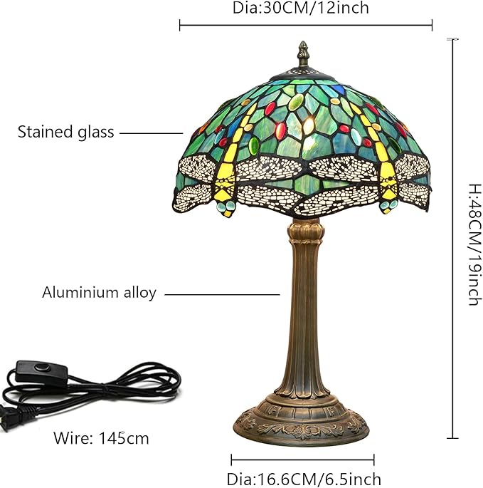 Tiffany Style Stained Glass Table Lamp 12 Inch Blue and Green Dragonfly Reading Bedside Lamp Suitable for Study Dormitory Bedside Coffee Shop Retro Table Lamp Home Decoration Art