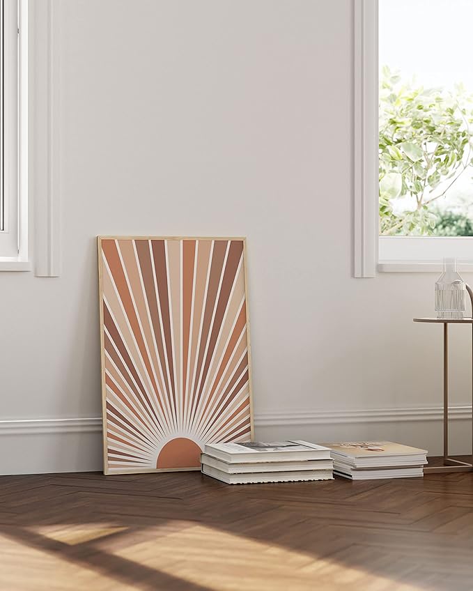 HAUS AND HUES Boho Art Prints Sun Wall Decor - Sun Art Print Wall Decor Boho Posters and Prints Rainbow Colored Sunshine Wall Art (24x36 Framed Beige)