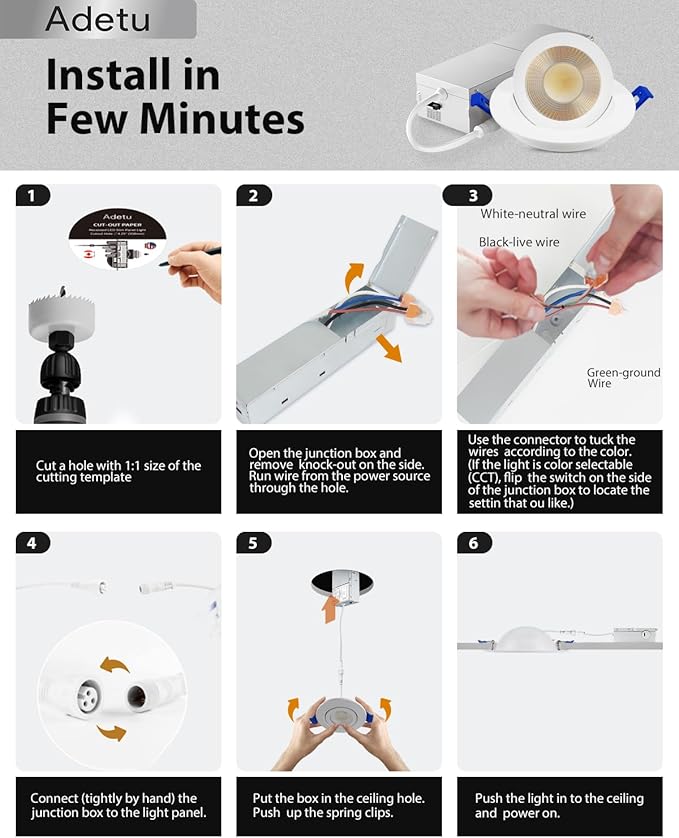 Adetu 2 Inch 5CCT Gimbal Led Recessed Lighting with Junction Box, 360°+90° Adjustable Recessed Can Lights, 2700K/3000K/3500K/4000K/5000K Selectable, 5W Eqv 50W, 550LM Brightness - ETL (White,6 Pack)
