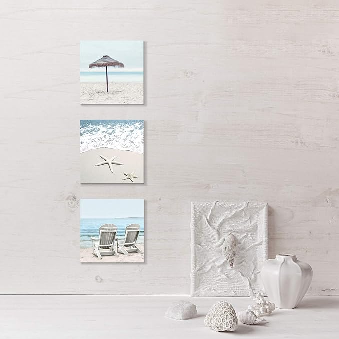Beach Theme Canvas Wall Art: Sun Umbrella Starfish & Beach Chair on Sand Artwork Painting Print for Bedroom Office (12'' x 12'' x 3 Panels)
