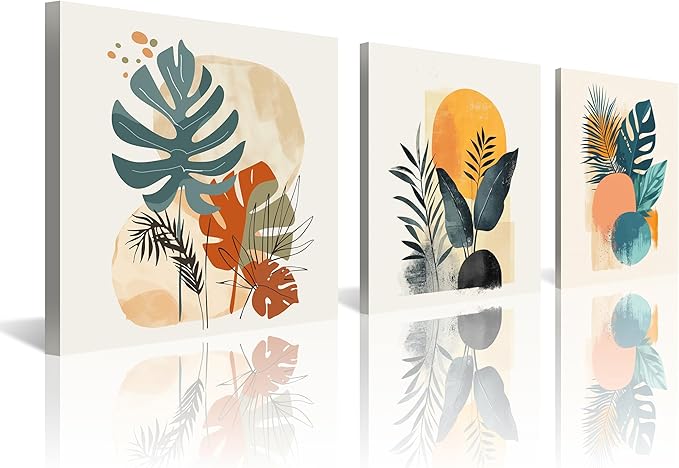 NAN Wind 3 Panels Modern Abstract Tropical Canvas Wall Art Colorful Leaf Prints Contemporary Botanical Art for Living Room Minimalist Plant Decor Geometric Palm & Monstera Leaf Paintings Home Decor