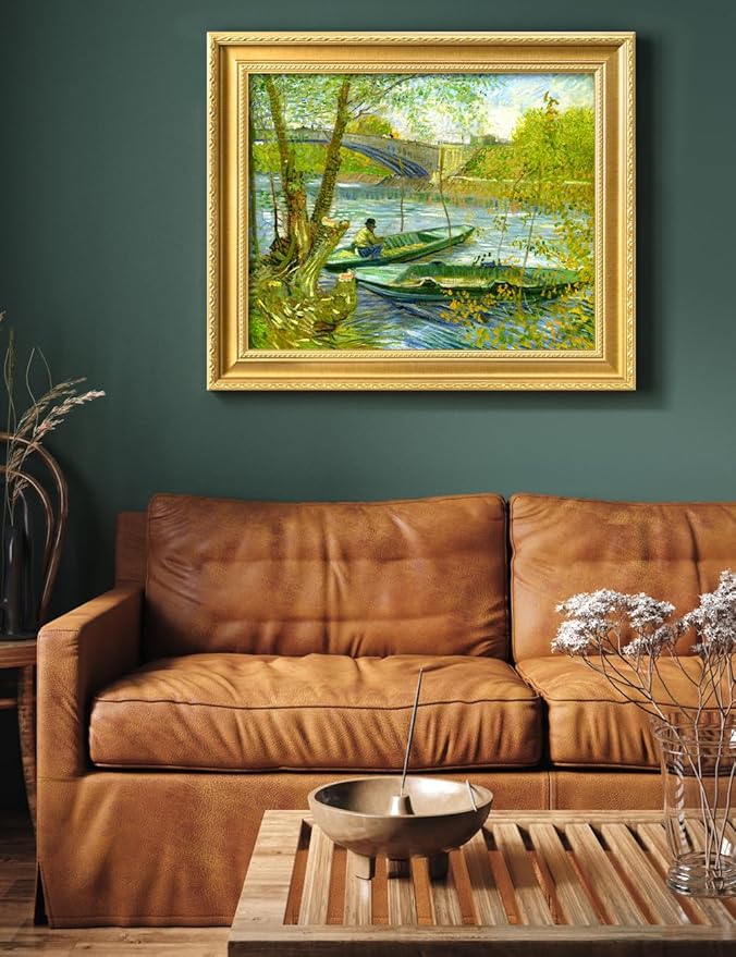 DECORARTS - Fishermen and Boats from the Pont de Clichy by Vincent Van Gogh. Giclee Print on Acid-Free Canvas in Gold Solid Wood Frame. Picture Size: 20x16, Total Size: 24.75x20.75, Made in USA