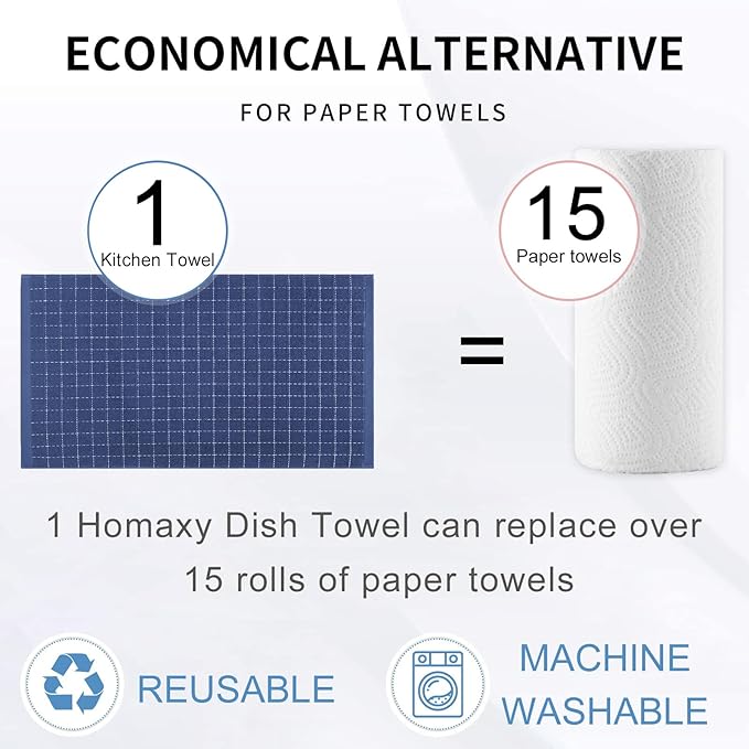 Homaxy 100% Cotton Terry Kitchen Towels(Navy Blue, 20 x 28 inches), Checkered Designed, Soft and Super Absorbent Dish Towels, Large 4 Pack