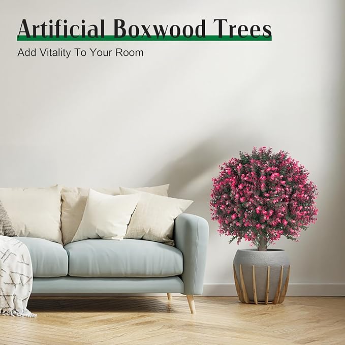 Set of 2 Artificial Rose Boxwood Topiary Ball Bush for Outdoor with Ground Spike 22", UV Resistant Faux Greenery Shrubs, Fake Rose&Green Boxwood Plants for Garden, Yard, Porch, Patio Decor