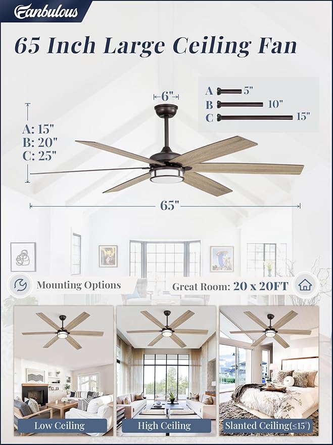 65 Inch Ceiling Fans with Lights, Farmhouse Large Ceiling Fans with Remote, Oil Bronze Modern Ceiling Fan with LED Light, Quiet DC Motor for Living Room, Bedroom, Kitchen, Indoor