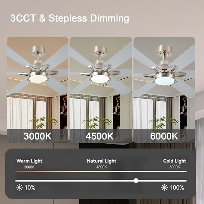52in Ceiling Fans with Lights RGB Ceiling Fan with Light and Remote/APP Control,Low Profile Ceiling Fans with Lights for Bedroom,Living Room,Kids Room,3CCT Dimmable Modern Ceiling Fan, 8 Speeds,Nickel