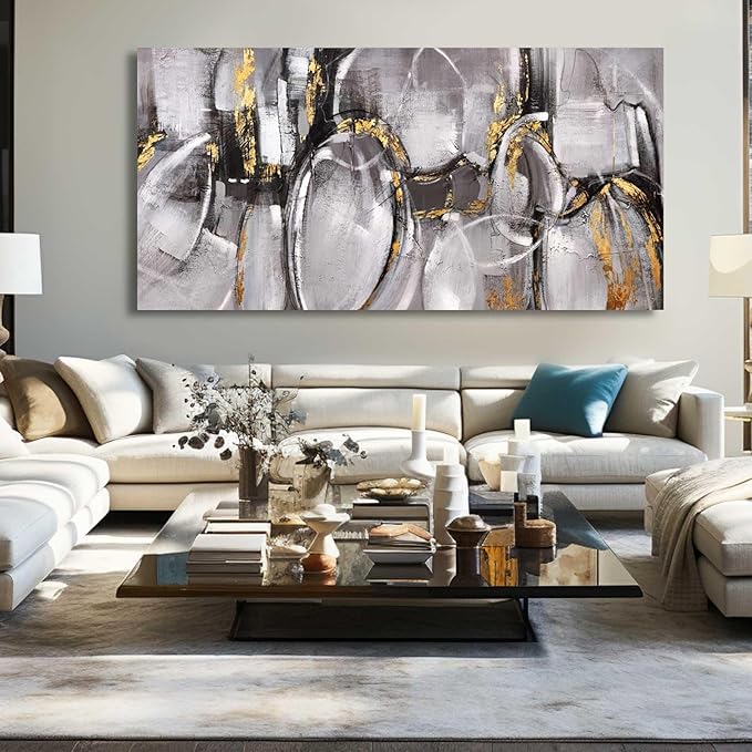 XIANSHOU Black and Grey Painting Pictures Abstract Wall Decor for Office 29"x 58" Modern Artwork Gold Foil Wall Art for Living Room Dining Room Bedroom