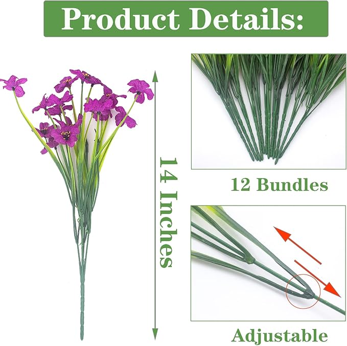 20 Bundles Artificial Flowers Outdoor UV Resistant Fake Flowers (Deep Purple)