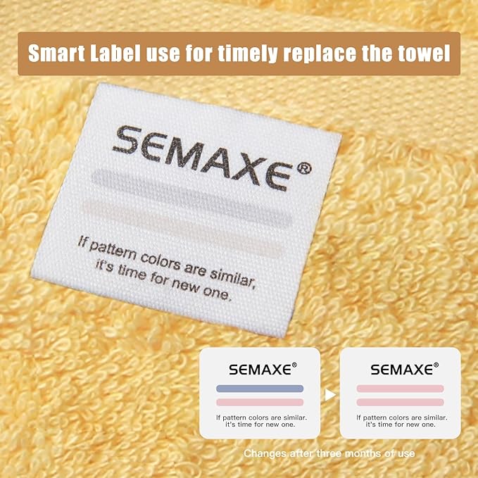 SEMAXE Bath Towel Set, 100% Cotton Absorbent Bathroom Towels with Hanging Loops and Nano-Bio Lifecycle Labels, Yellow 8 Piece Towel Set Include 2 Bath Towels, 2 Hand Towels, 4 Washcloths