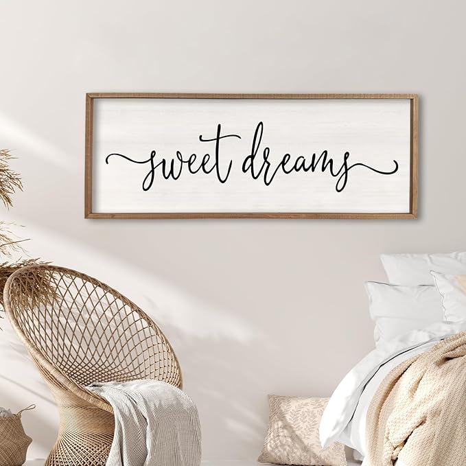 Surfapans Sweet Dreams Wall Decor Above Bed 32"x12" Master Bedroom Guest Room Wood Framed Rustic Over Bed Wall Art Sign (Wood)