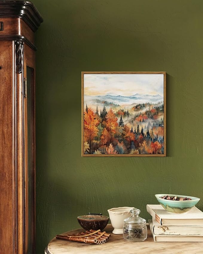 InSimSea Square Framed Canvas Wall Art, Autumn Prints Classical Landscape Pine Forest In The Morning Mist, Fall Home Wall Decor for Living Room, Bedroom, Bathroom, Office 12"x12"