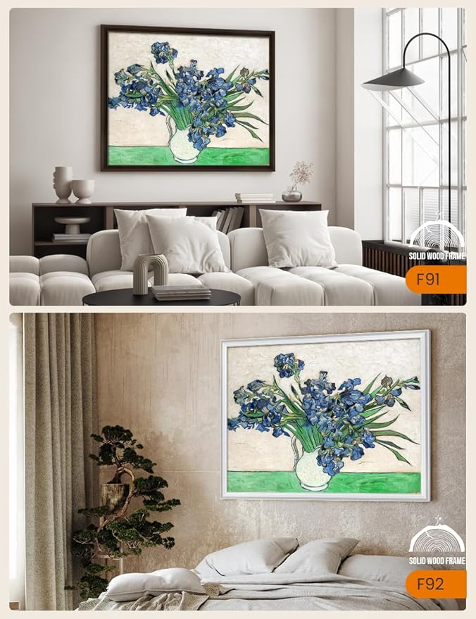 DECORARTS - Vase with Irises 1889 by Vincent Van Gogh Art Reproduction. Oversize Solid Wooden Frame Matching with Giclee Prints Canvas Wall Art. Total framed size: 43x35