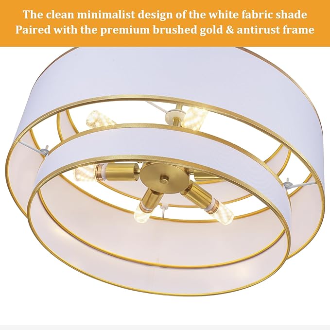 19.7''Drum Chandelier Dining Room Light Fixtures,3-Tier Modern White Fabric Chandelier Brushed Gold Pendant Lights Kitchen Island Lighting, Farmhouse Chandeliers for Living Room Foyer Staircase