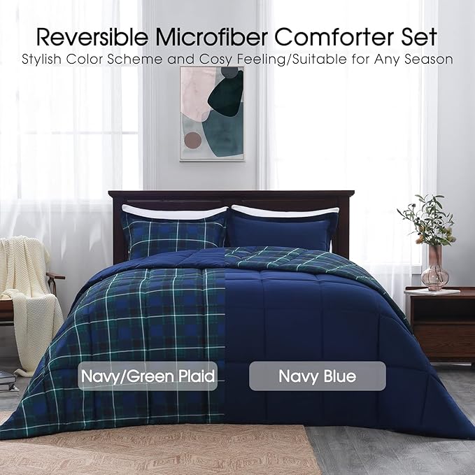 Basic Beyond King Size - Navy and Green Buffalo Plaid Comforter Set King Down Alternative Bedding Comforter Set for All Season(1 Comforter with 2 Pillow Shams, 104" x 92")