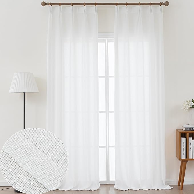 Off White Thick Linen Semi Sheer Curtains 90 Inches Long, Elegant Light Filtering Drapes Set of 2, Pinch Pleat Curtain with Hooks