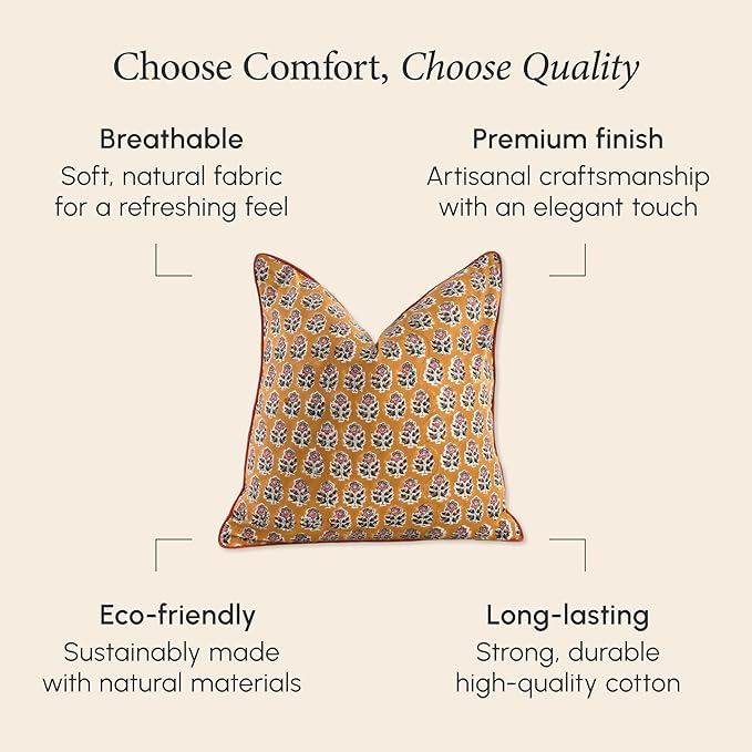 CPC 100% Cotton Throw Pillow Covers 16X16 Yellow Block Print Pattern Couch Pillow, Cute Boho Decorative Pillows for Living Room, Bedroom with Hidden Zipper- Yellow Citrine