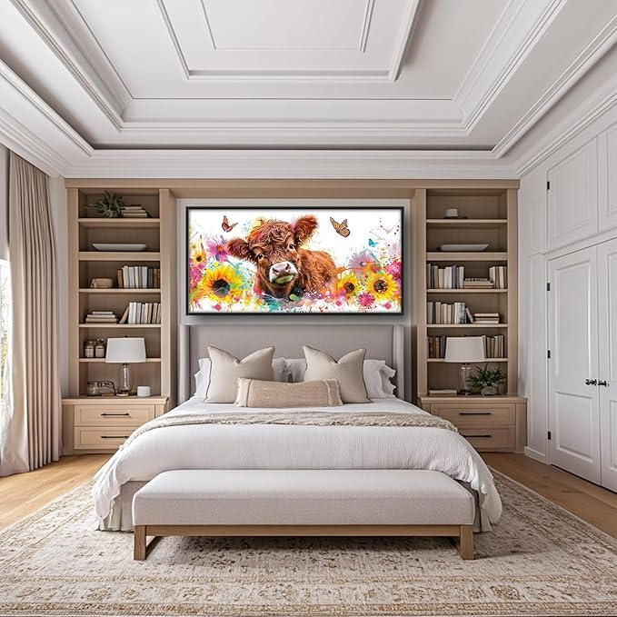 Flintis Large Highland Cow Wall Art Cow Sunflower Pictures Wall Decor Abstract Animal Canvas Painting Print Artworks Decorations Framed for Living Room Bathroom Master Bedroom Office 60L x 30W