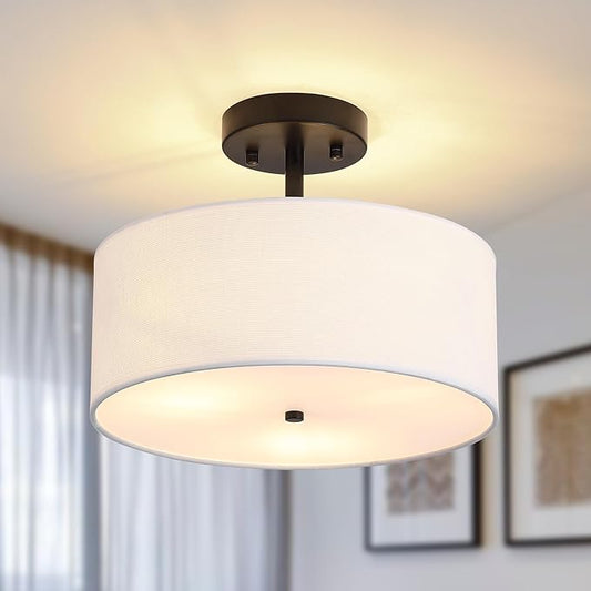 3-Light Semi Flush Mount Ceiling Light Modern Black Drum Light Fixtures with White Fabric Cover Shade Round Chandelier for Bedroom Living Room Kitchen and Hallway