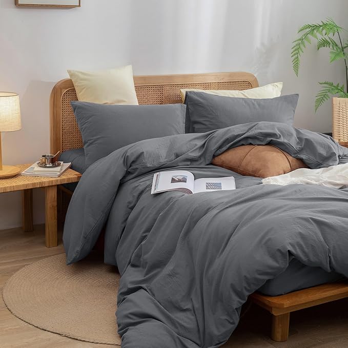 BESTOUCH Duvet Cover Set 100% Washed Cotton Linen Feel Super Soft Comfortable Chic Lightweight 3 PCs Home Bedding Set Solid Quiet Shade Grey Oversized King
