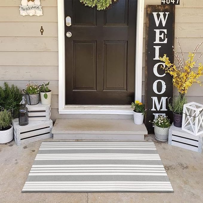OJIA Fall Front Door Mat Outdoor 24"x35" Front Door Rug Gray and White Striped Outdoor Rugs Washable Entry Rug Indoor Door Mats Cotton Woven Small Area Rugs for Entrance/Porch/Kitchen/Entryway
