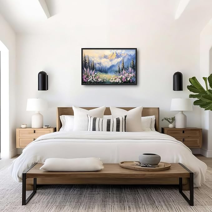 Framed Large Wall Art for Living Room, Forest Mountain Canvas Wall Decor, Flowers Tree Pictures Painting, Modern Landscape Artwork for Bedroom Office 36L'' × 24W''