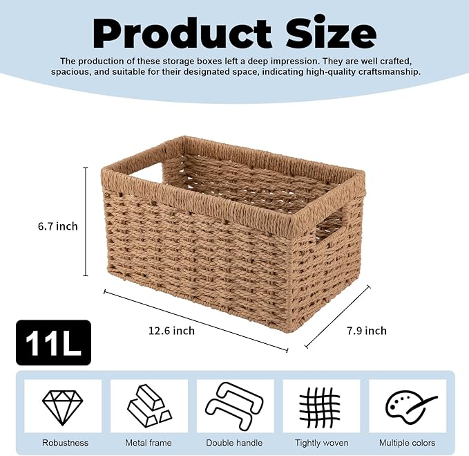 OIAHOMY Wicker Baskets, Paper Rope Storage Baskets for Organizing with Built-in Handles, 2 Packs-Yellow