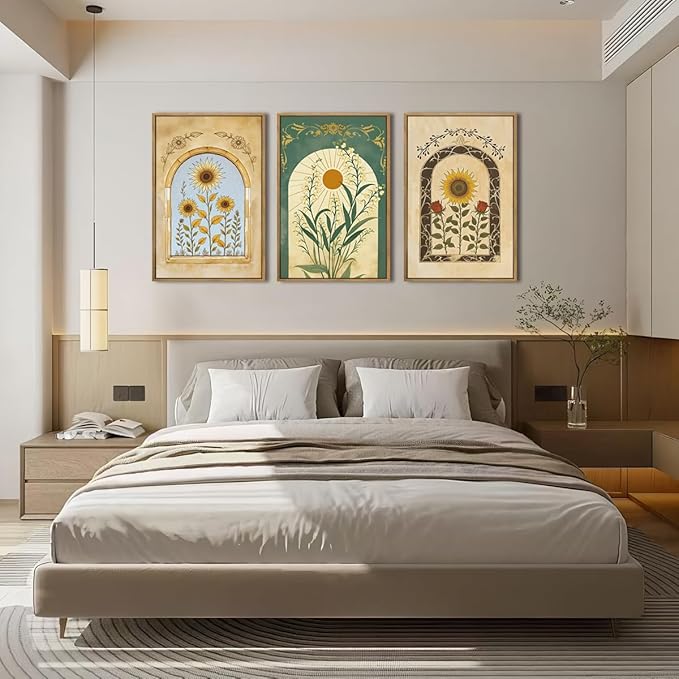 ANHUIB Vintage Boho Spiritual Wall Decor 16x24 Inch Botanical Wall Art Earthy Sunflower Illustration Set of 3 for Living Room Bedroom Office