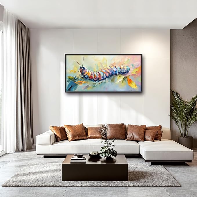 Extra Large Framed Abstract Caterpillar Wall Art,Colorful Cute Caterpillar Leaves Wall Decor Pictures for Living Room,Canvas Print Painting Modern Artwork Bedroom Office Bathroom 60L x30W