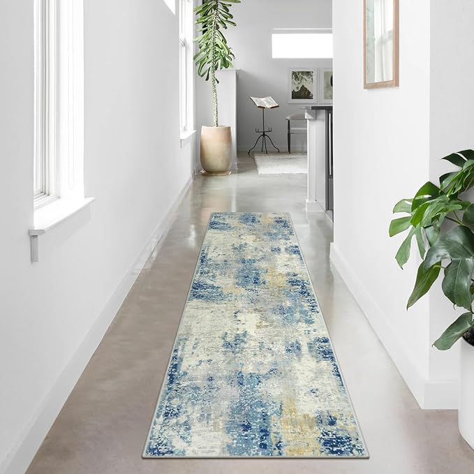 Lahome Modern Abstract Rug Runners for Hallways Non Slip, 2x7 Carpet Runner Rug for Kitchen Non Skid Washable, Soft Floor Mat for Bathroom Bedside Entrance RV, Blue/Yellow/Ivory