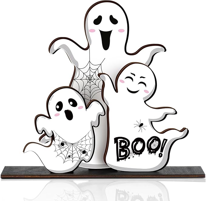 Halloween Ghost Table Decorations Cute Ghost Decor Indoor Halloween Wooden Table Centerpieces Farmhouse Boo Signs Tiered Tray Decor for Party Desk Home Living Room