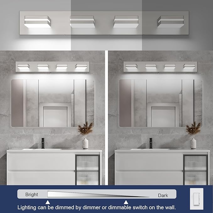 SineRise LED Modern Bathroom Vanity Light Fixtures (4-Light, 30-Inch, Dimmable), Brushed Nickel Modern Acrylic Bathroom Wall Lighting Fixtures Over Mirror (Cool White 6000K)