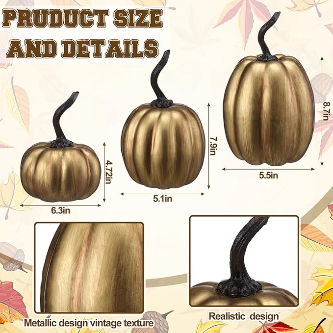 Janinka 3 Pcs Fall Antique Gold Pumpkin Decor Vintage Retro Fake Pumpkin Figurines Fall Thanksgiving Pumpkins for Home Decor Farmhouse Harvest Halloween Table Centerpiece