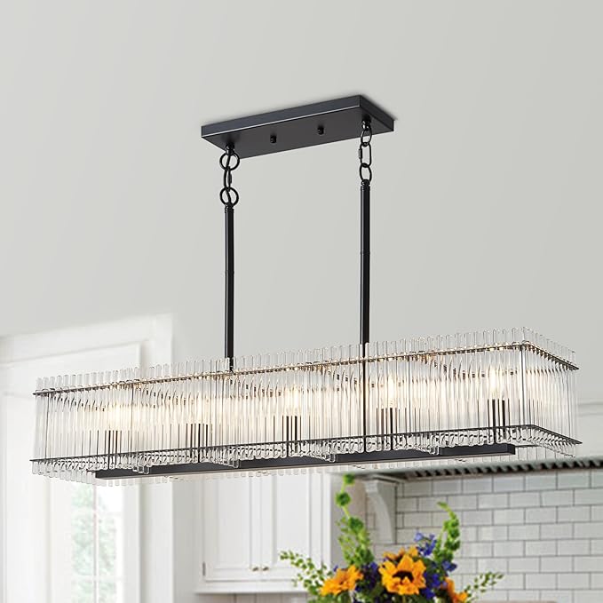 5-Light Modern Crystal Chandelier Luxury Black Dining Room Light Fixture Over Table Rectangle Farmhouse Hanging Pendant Lighting for Living Room, Kitchen Island Ceiling Lights
