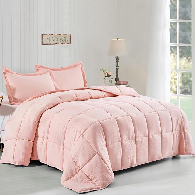 HIG 3pc Down Alternative Comforter Set - All Season Reversible Comforter with Two Shams (King/Cal King, Pre-Washed Pink)