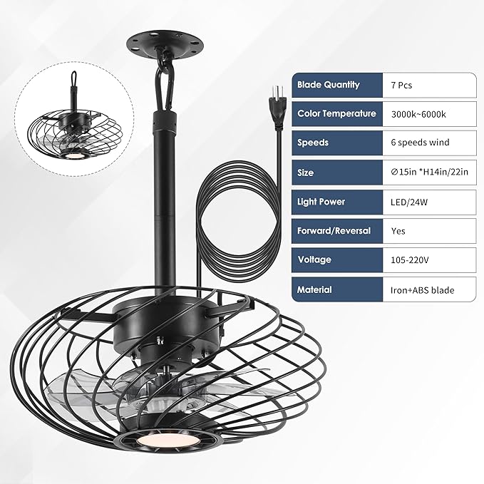 15" Outdoor Ceiling Fan with Light, Waterproof Gazebo Fan Remote Control, Dimmable LED Light, Hanging Black Caged Ceiling Fixtures with Plug in Cord for Patios Pergola