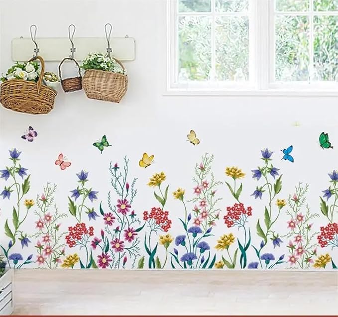 12x70 Inch Set - Flower Plants Butterflies Wall Stickers for Wall Decor, Self Adhesive Vinyl for Home Wall Nursery and Kitchen Decor-Gift for Christmas, Birthday (Floral Design #3)