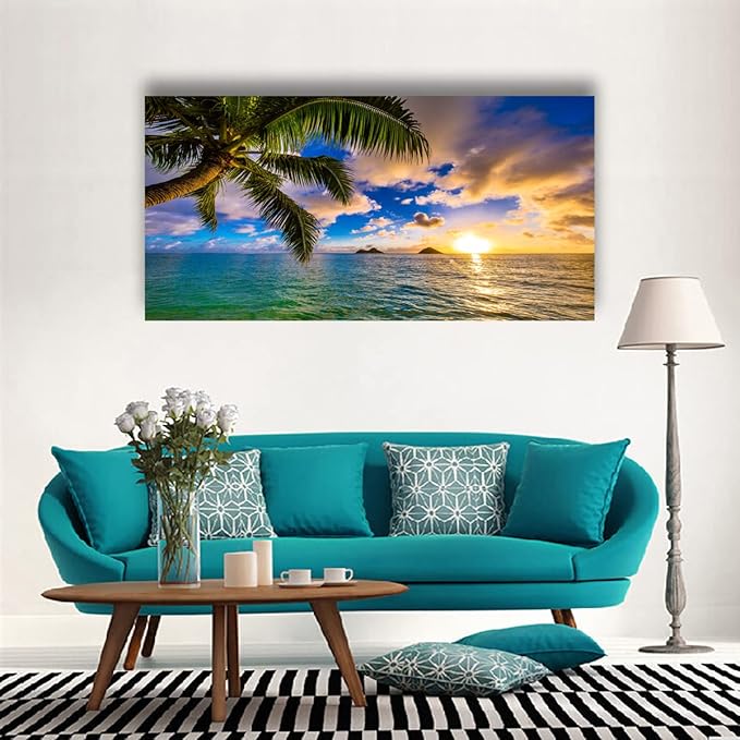Seascape Sunset Pictures Canvas Wall Art For Living Room Bedroom Wall Decor,Palm Wall Art Print Paitnings For Home Decor,Morden Artwork Coconut Tree Canvas Art Waterproof Ready To Hang-20X40Inches