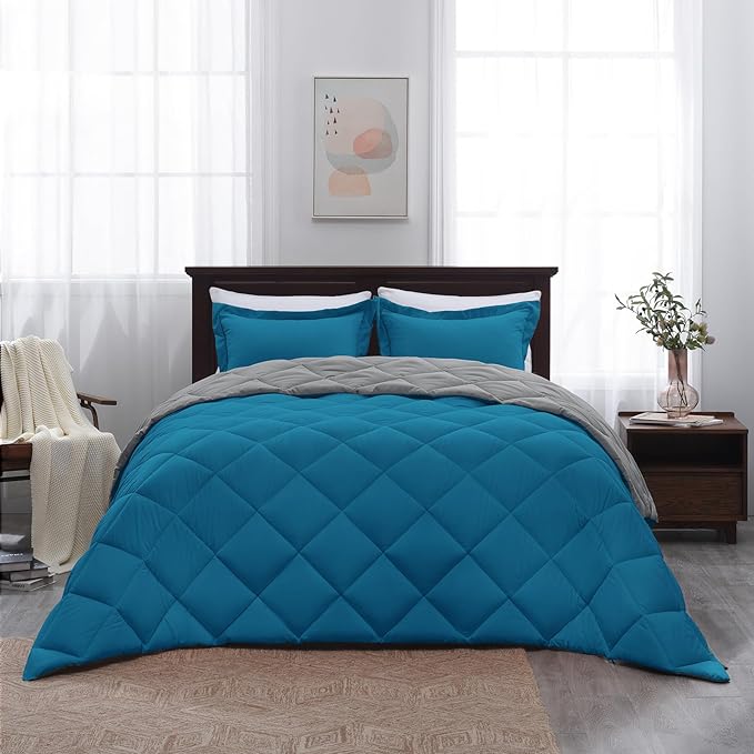 Basic Beyond Queen Comforter Set - Blue Comforter Set Queen, Reversible Bed Comforter Queen Set for All Seasons, Algiers Blue/Charcoal Gray, 1 Comforter (88"x92") and 2 Pillow Shams (20"x26"+2")
