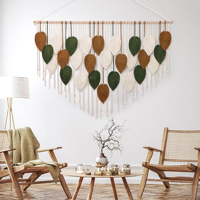 KHOYIME Large Macrame Wall Hanging Boho Woven Tapestry, Chic Home Decor Modern Bohemian Handmade Leaf Feather Wall Art Decorations for Apartment Living Room Bedroom Nursery Backdrop 51.5" W X 33.5" L