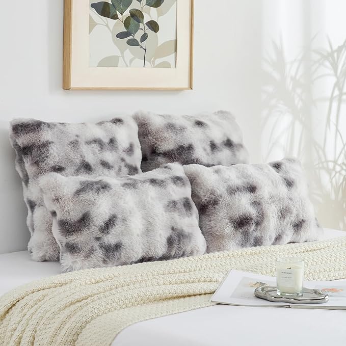FUTEI Grey White Decorative Throw Pillow Covers 16x16 Inch Set of 2,Soft Fuzzy Faux Rabbit Fur Cushion Covers with Raised Texture,Neutral Boho Home Decor for Couch Bed Living Room