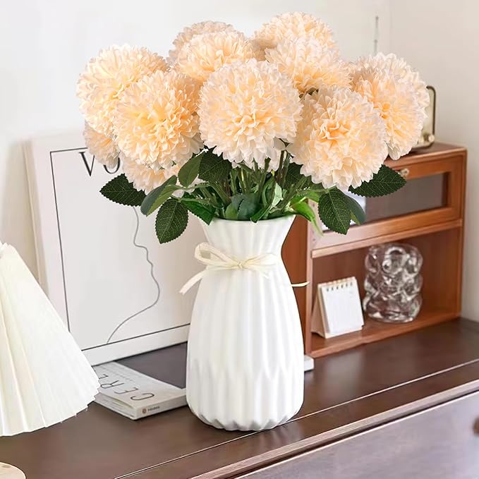 Hananona 12 Pcs Artificial Chrysanthemums Flowers Ball Flowers, Fake Mums Silk Plants for Home Decor Indoor Floral Arrangement Table Centerpiece (12, Champagne)