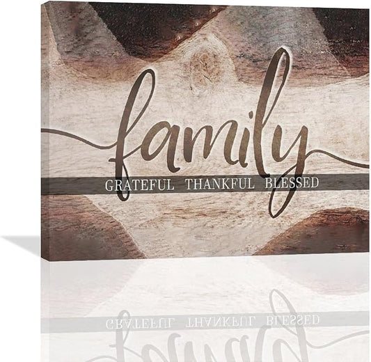 Large Family Wall Art Family Word Sign Pictures Wall Decor Home Quotes Grateful Thankful Blessed Canvas Painting Print Decor Artwork Framed for Living Room Bathroom Master Bedroom Dining Room 20"x16"